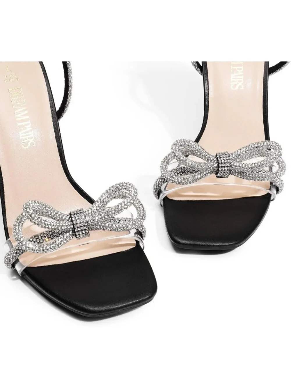 Women's Black Double Bowknots Crystal Clear Slingback Square Toe Wedding Heels